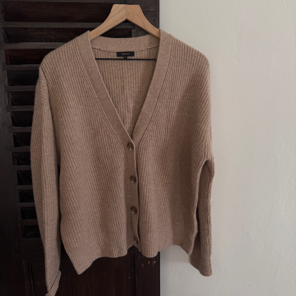 Quince Cashmere Blend Taupe V-Neck Button Cardigan Sweater - Picture 4 of 4